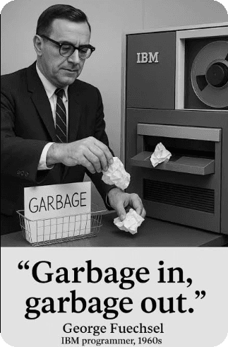 George Fuechsel at an IBM machine, captioned: Garbage in, garbage out.